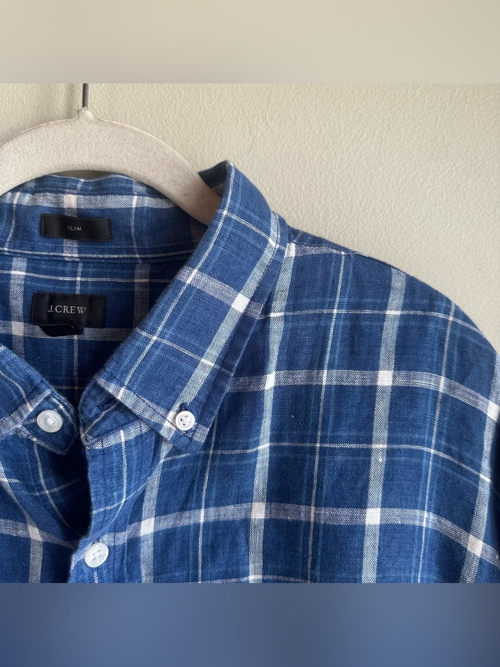J.Crew Baird McNutt Irish Linen Shirt Blue Plaid Slim Button Long Sleeve